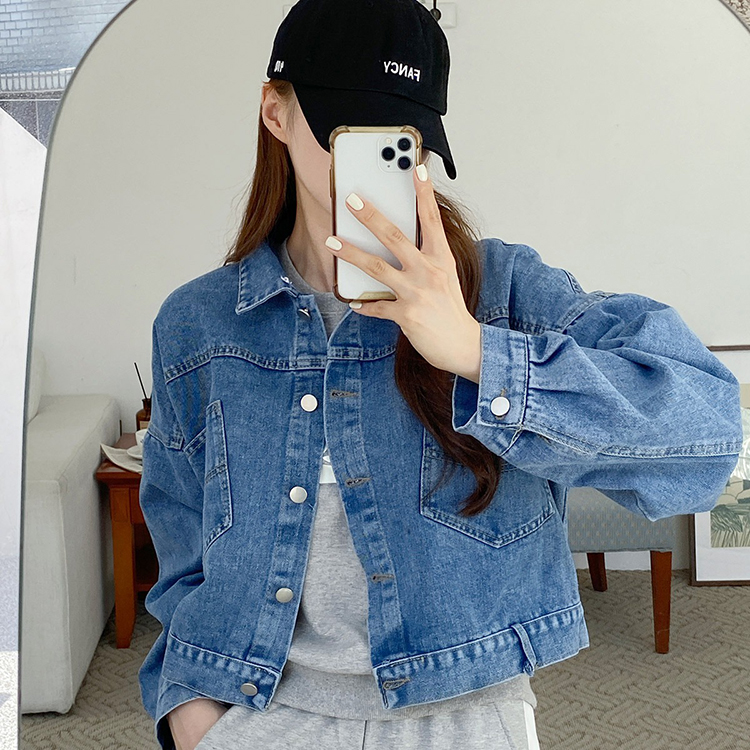 韓系後背繫扣開叉可拆式連帽牛仔短外套