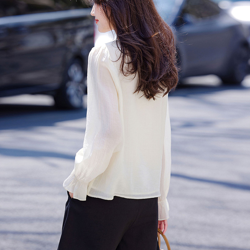 復古文藝風半開領撞色拼接襯衫