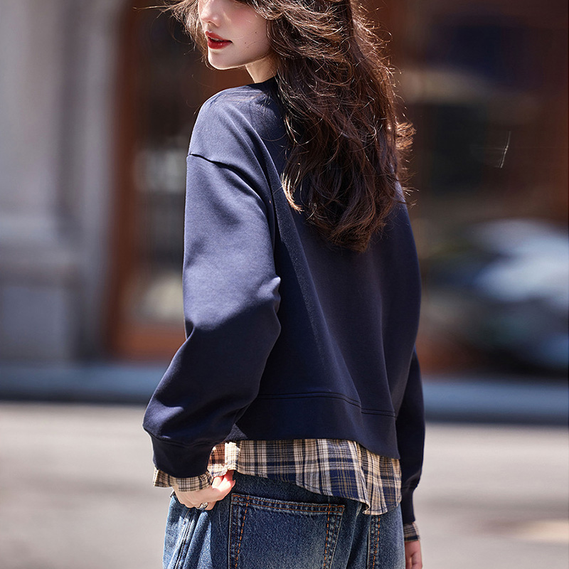 格紋拼接寬鬆簡約拼接下擺衛衣