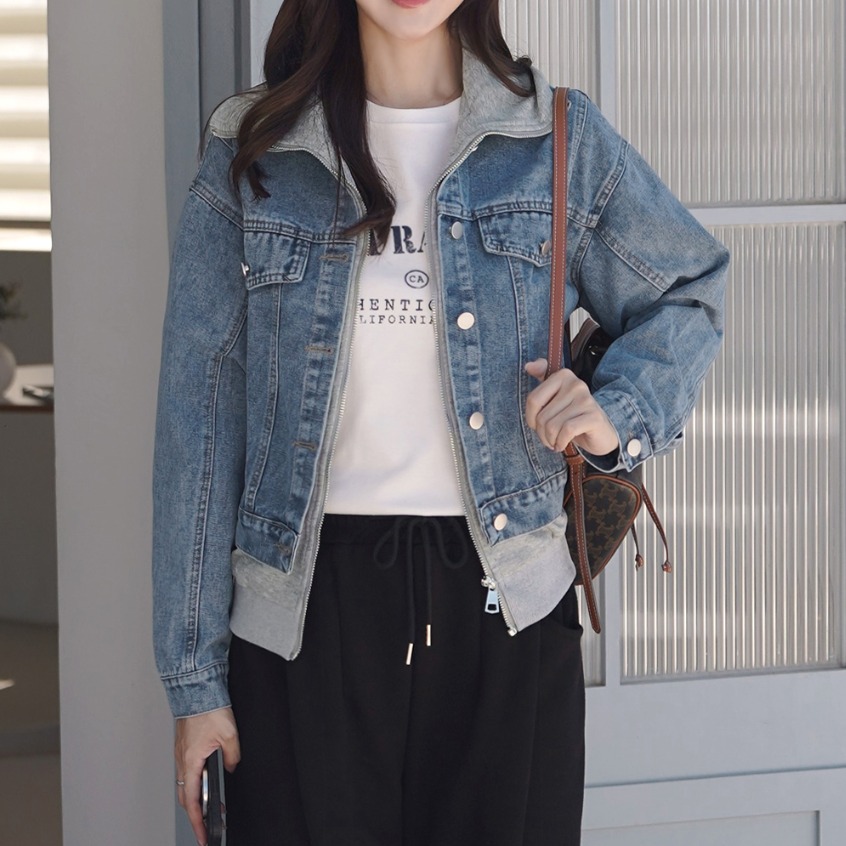 韓國翻領拼色假兩件拉鍊牛仔外套(2色)