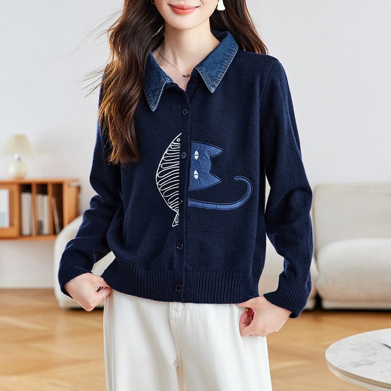 牛仔拼接襯衫領貓咪刺繡針織外套(2色)