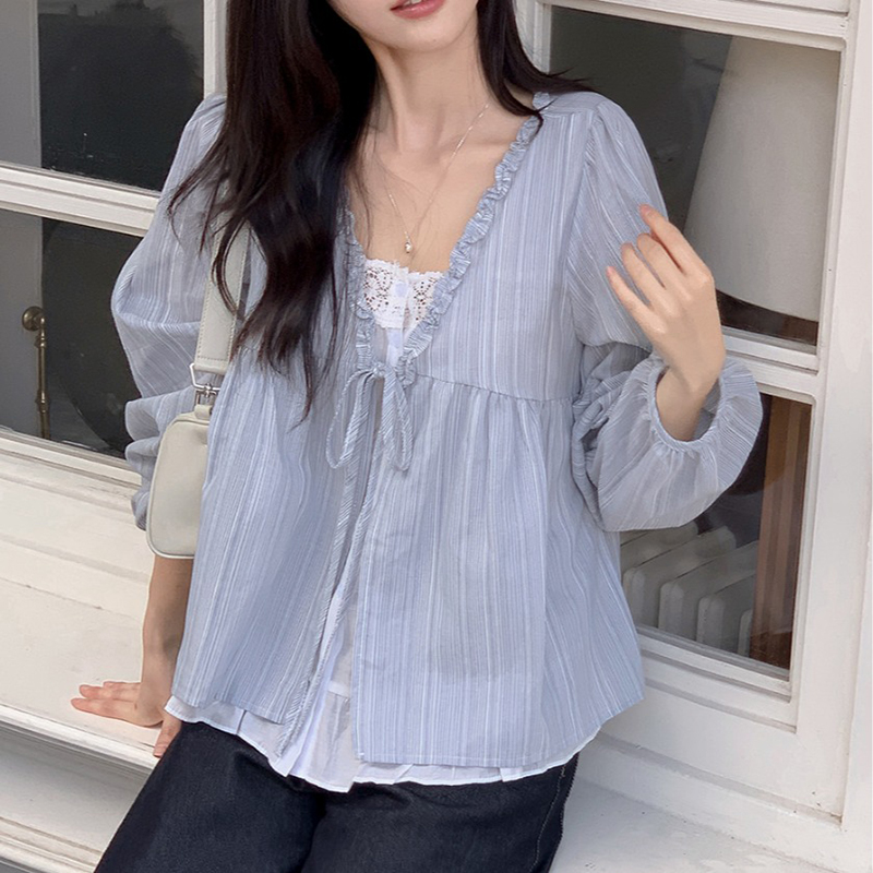 韓系甜美木耳邊條紋上假兩件娃娃衫(2色)