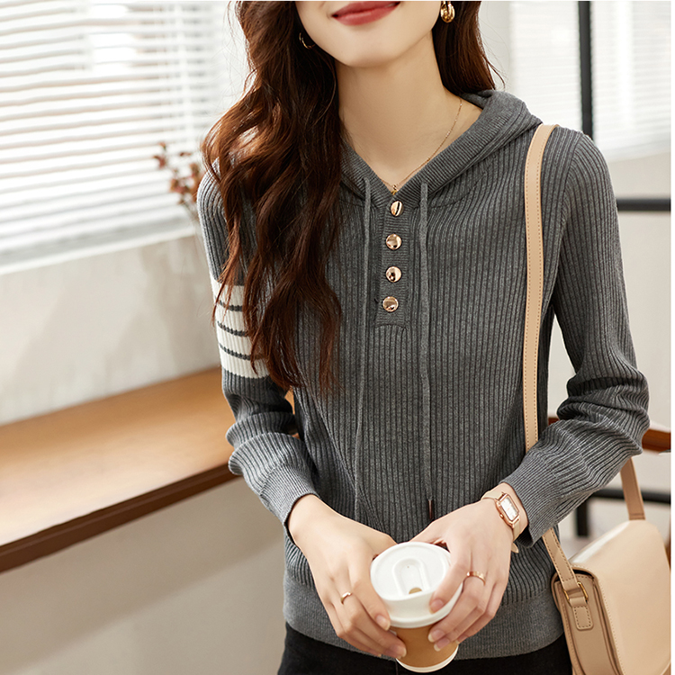 時尚袖口撞色復古連帽針織衫