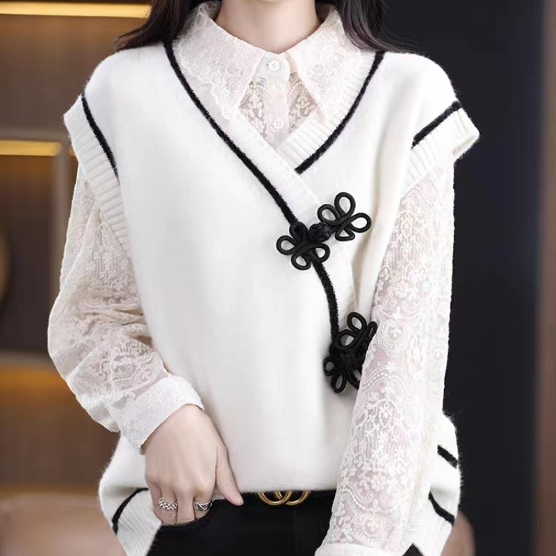 復古設計感盤扣v領寬鬆無袖馬甲針織(3色)