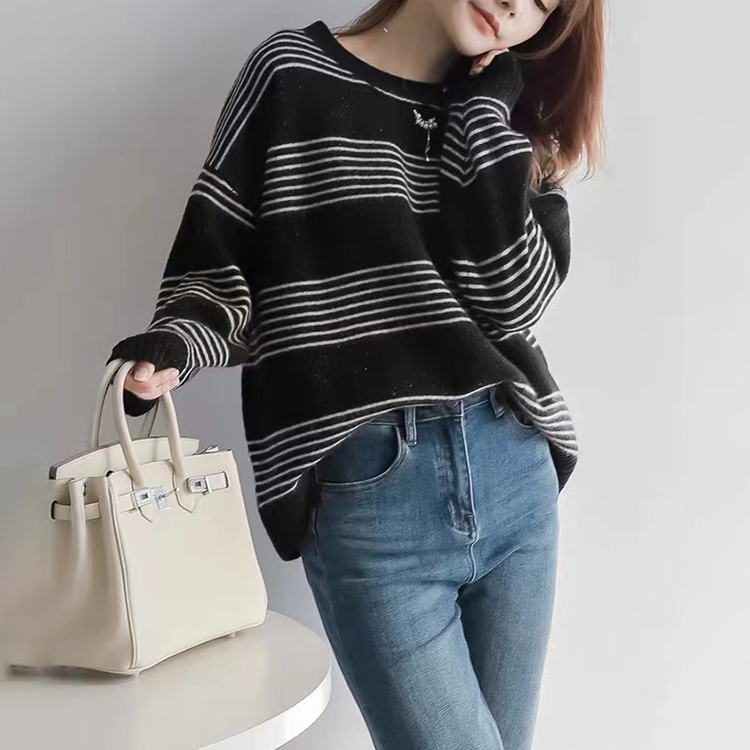 慵懶百搭寬鬆條紋拼色圓領針織衫(3色)