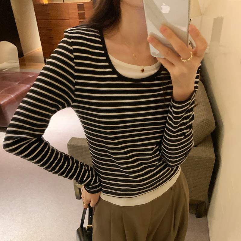簡約時尚假兩件條紋撞色T恤(4色)