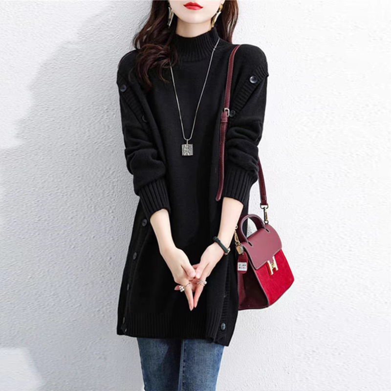 法式時尚寬鬆半高領顯瘦遮肚針織毛衣連身裙(2色)