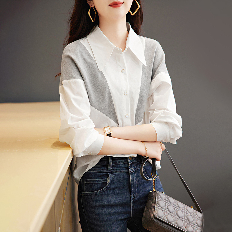 休閒舒適寬鬆撞色拼接長袖襯衫