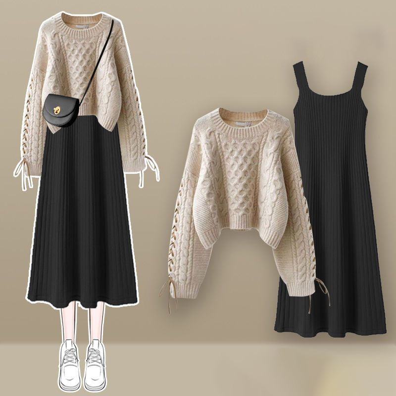 法式桔梗設計感針織毛衣無袖連身裙兩件套(3色)