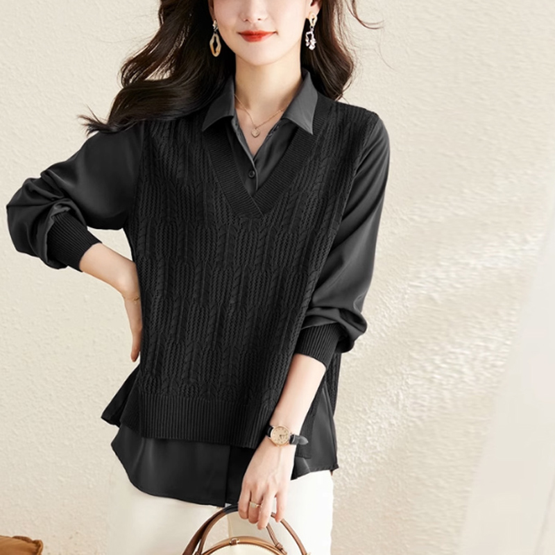 別緻洋氣長袖拼接襯衫假兩件針織衫(5色)