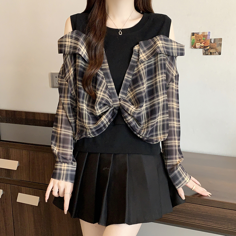 假兩件寬鬆顯瘦遮肉長袖格子襯衫