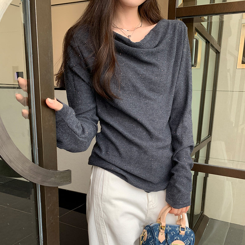 韓系一字肩蕩領長袖T恤(3色)