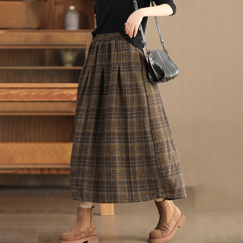 復古格紋高腰中長款半身裙