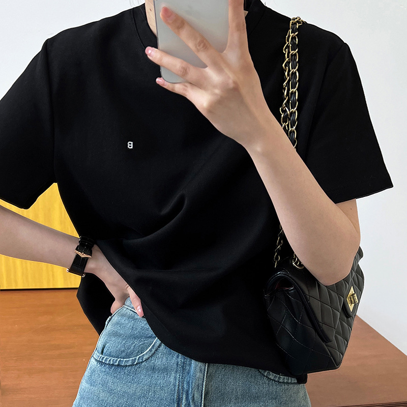 簡約圓領字母刺繡短袖T恤(3色)