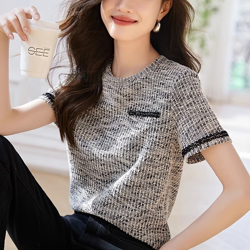 休閒圓領織帶拼接短袖T恤