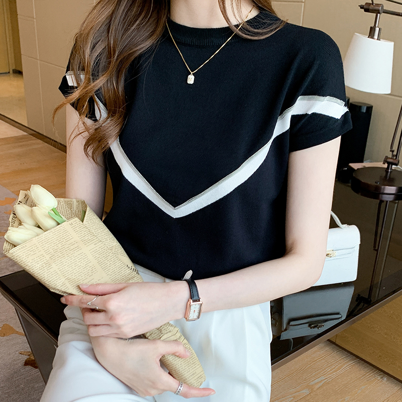 簡約圓領撞色連肩短袖針織衫
