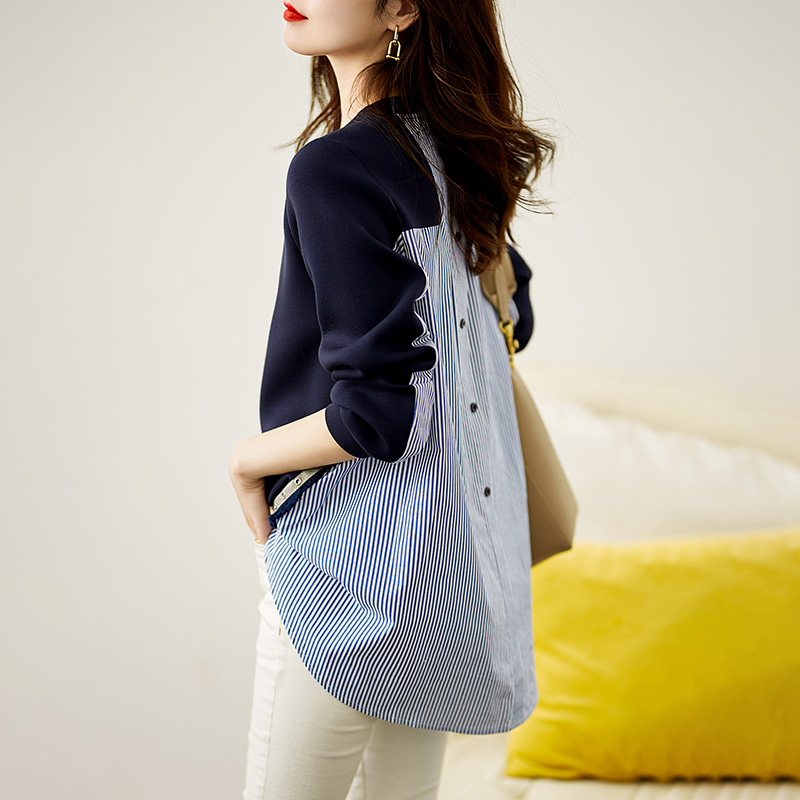 條紋拼接後背單排扣設計寬鬆衛衣