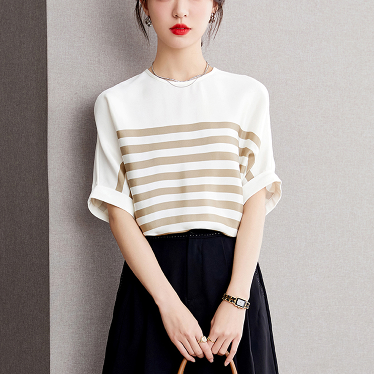 優雅條紋圓領落肩短袖小衫