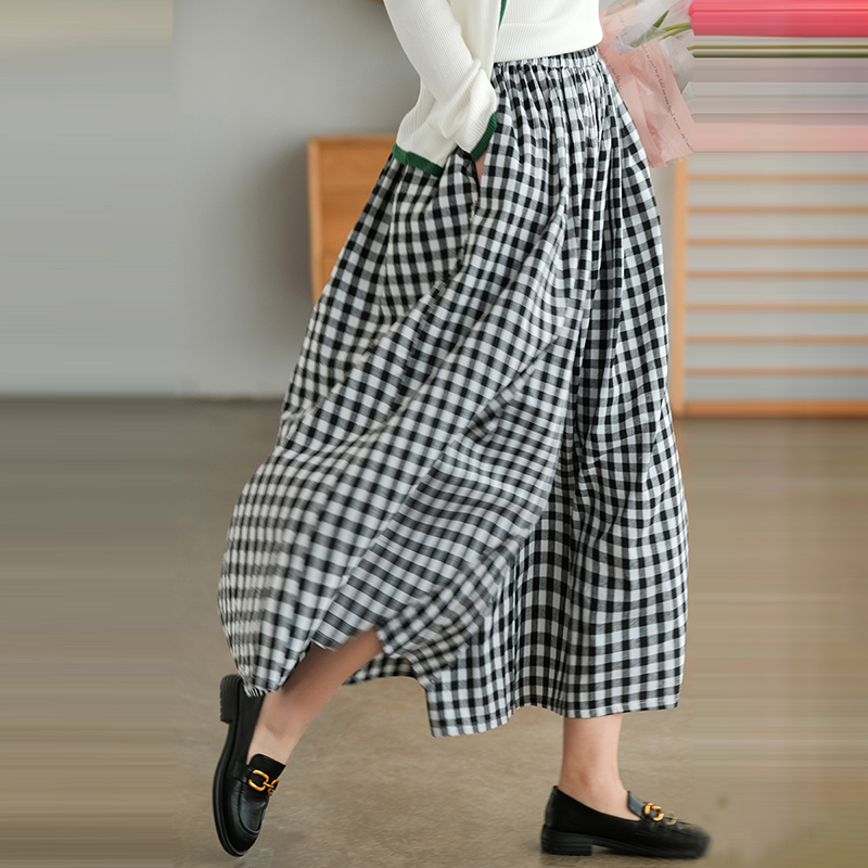 舒適休閒棉麻格紋闊腿褲裙(4色)