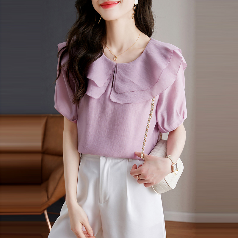 設計感小眾紫色荷葉領短袖小衫