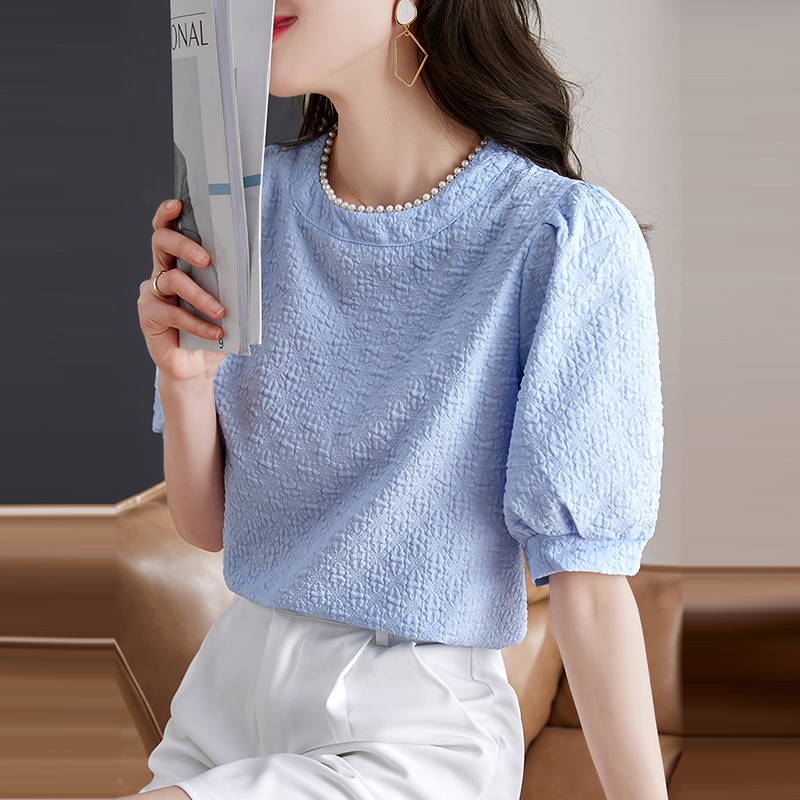 釘珠圓領立體壓皺泡泡短袖小衫