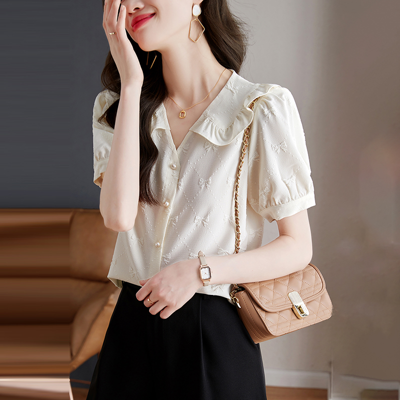 韓系V領立體蝴蝶結泡泡短袖襯衫