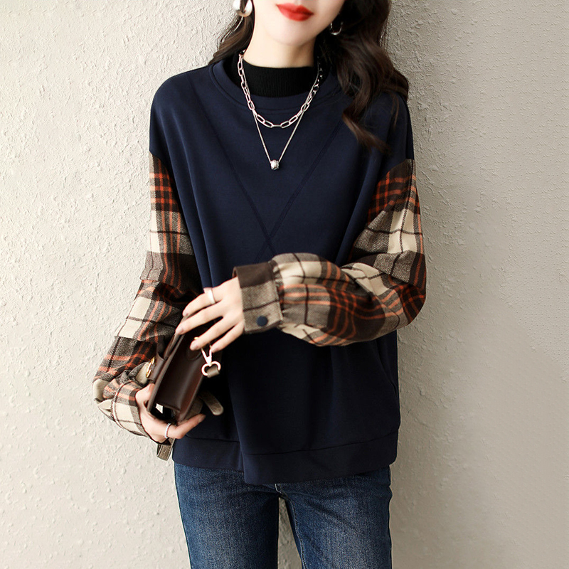 復古格紋假兩件不起球圓領衛衣