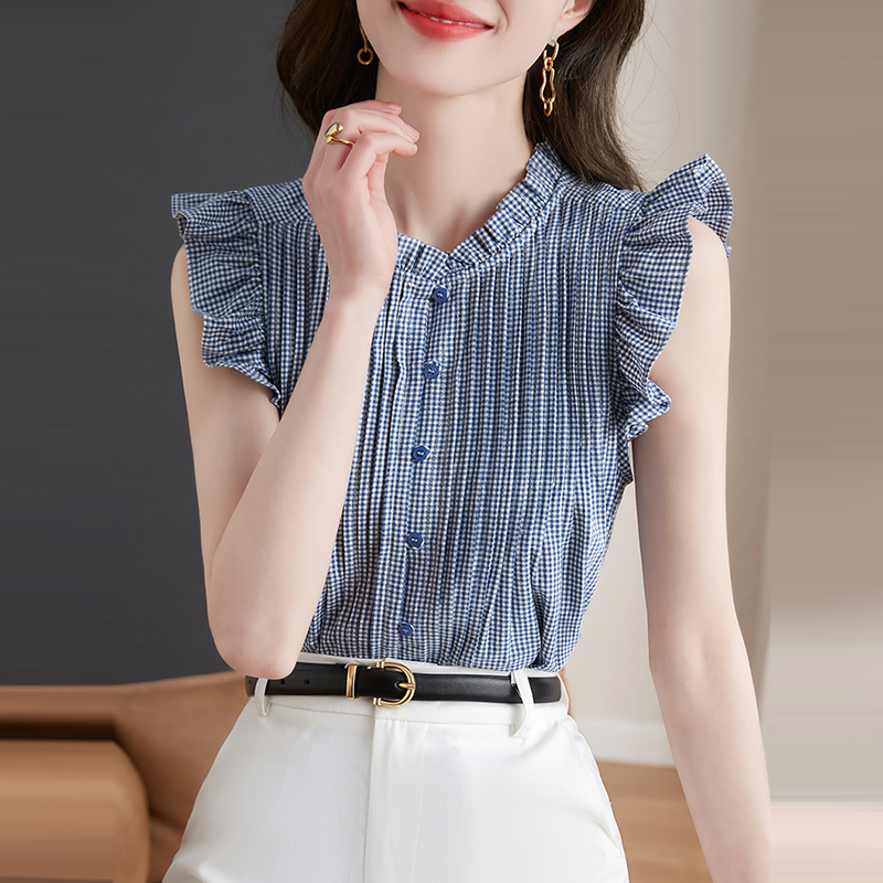 法式半開領格子荷葉邊無袖襯衫