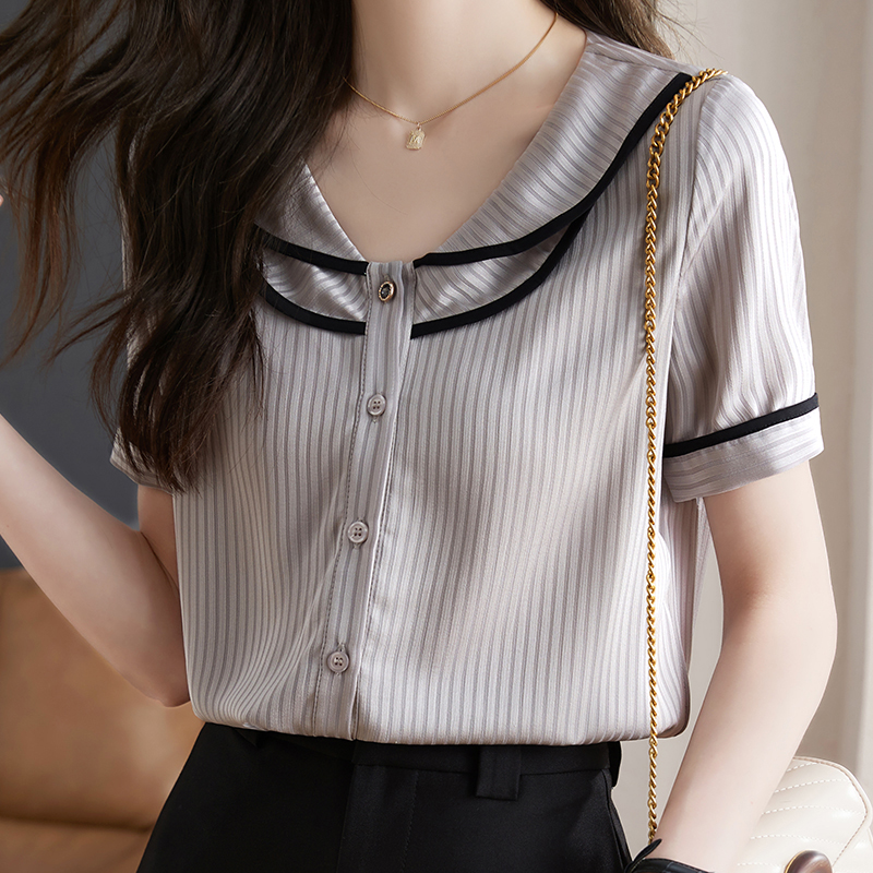 休閒V領撞色條紋短袖襯衫