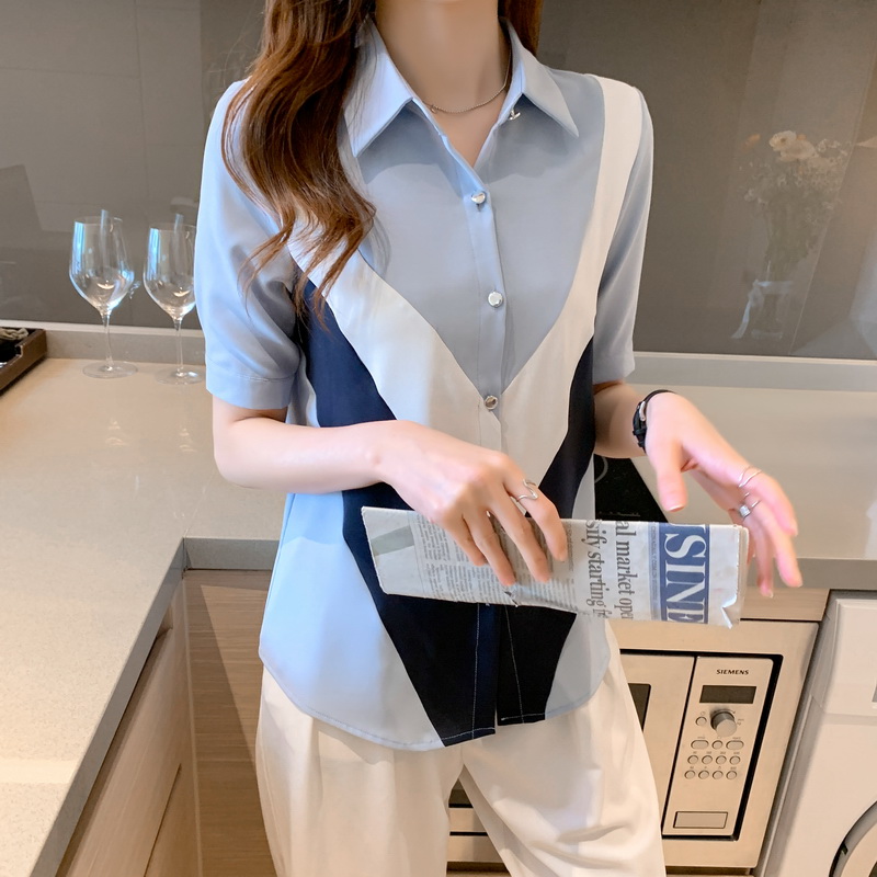 韓系POLO領拼色短袖單排釦襯衫