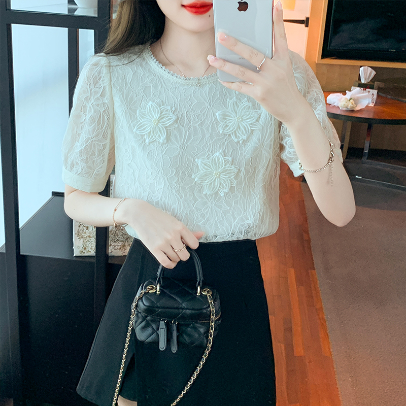小眾復古圓領蕾絲泡泡短袖小衫