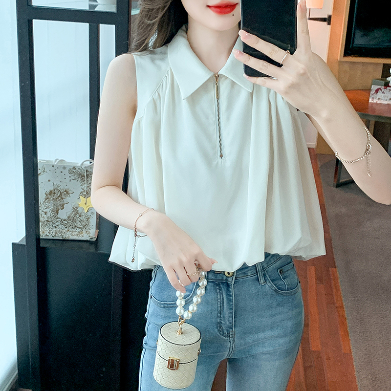 時尚小眾翻領無袖蓬鬆背心