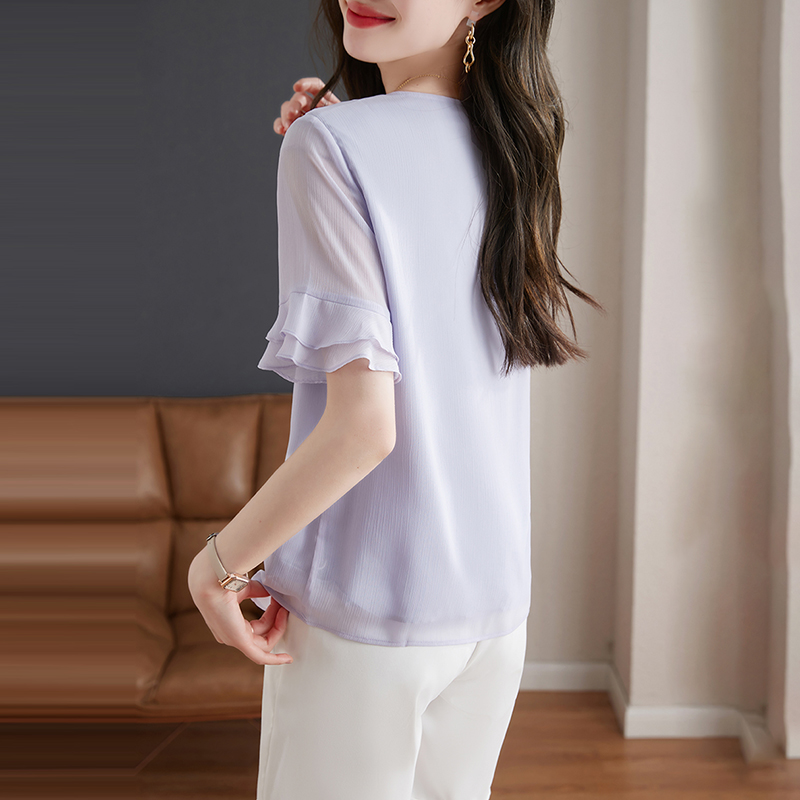 別緻鏈條V領透視荷葉喇叭短袖小衫