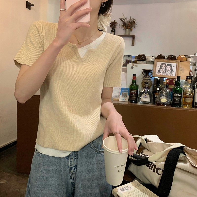 百搭撞色假兩件針織短袖(3色)