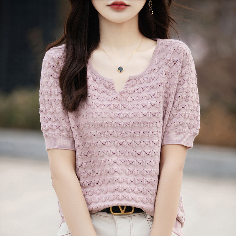 鏤空提花設計寬鬆針織短袖T恤(4色)