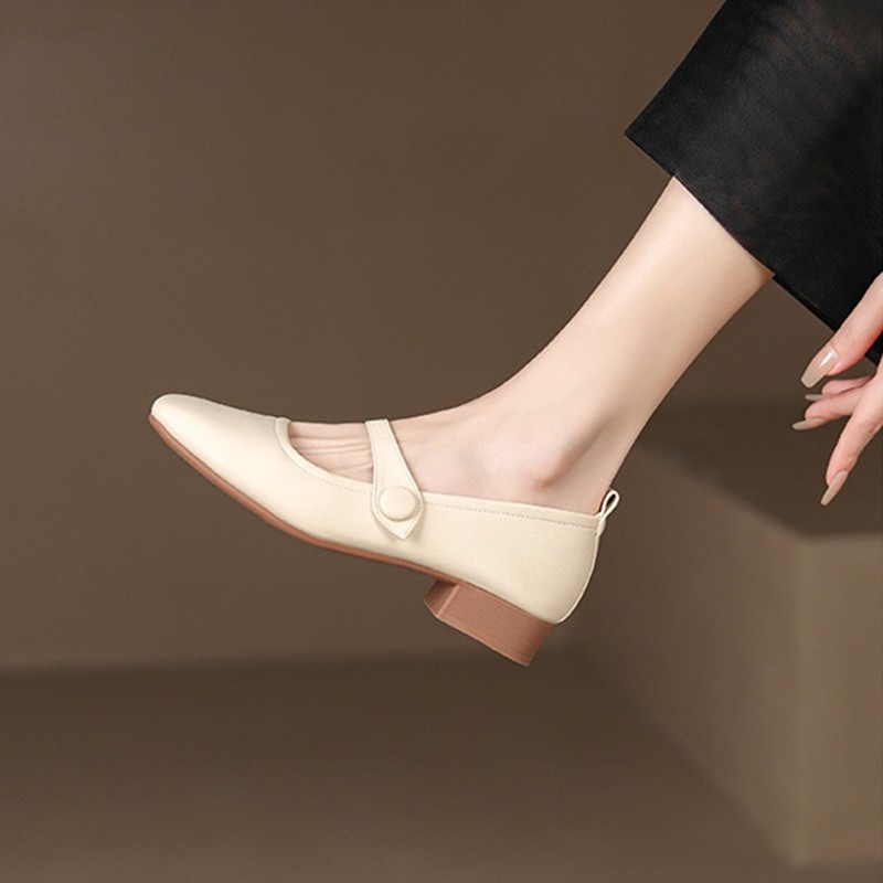 法式軟皮粗跟淺口豆豆鞋