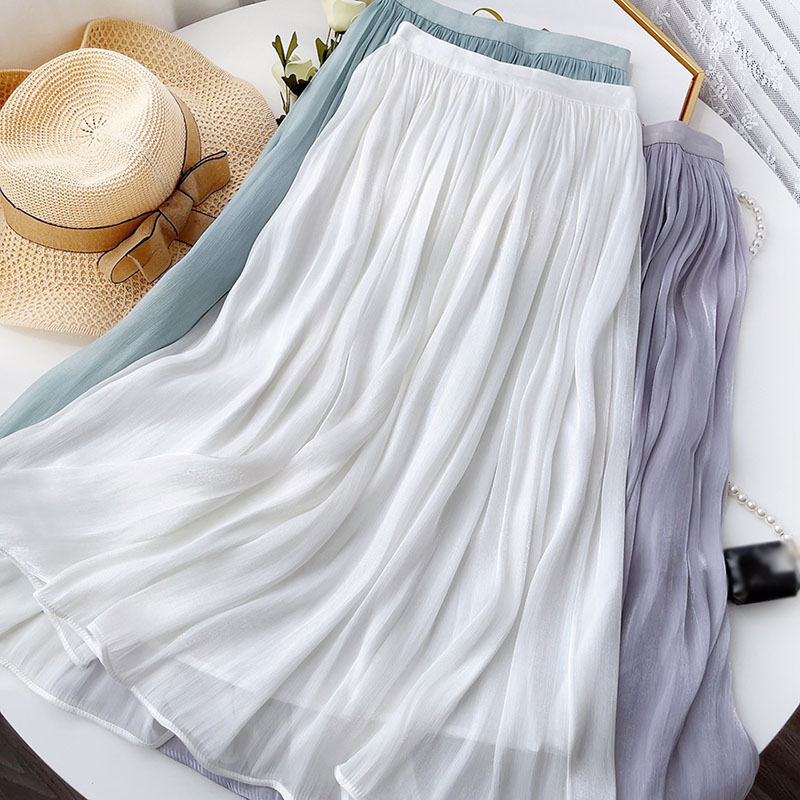 修身絲光紗中長款A字飄逸半身裙(8色)