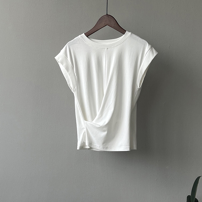 休閒純色小飛袖褶皺交叉不規則下擺T恤(3色)