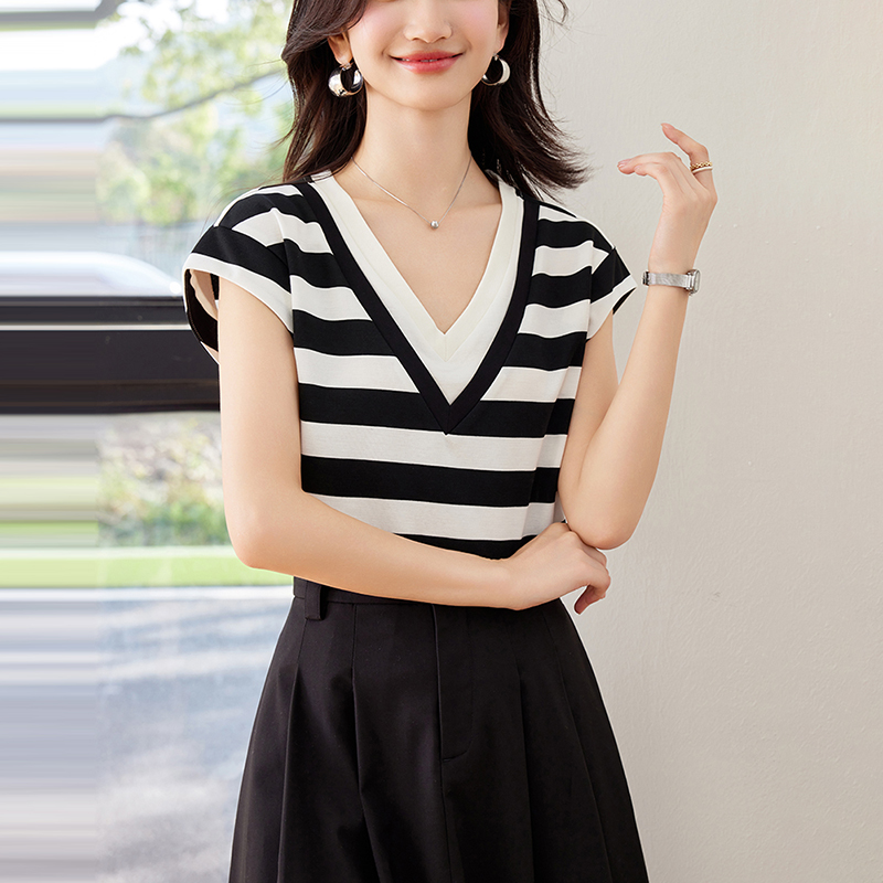 韓系假兩件V領拼色短袖T恤
