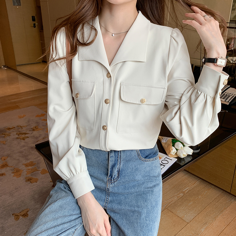 法式方領復古高級感長袖襯衫