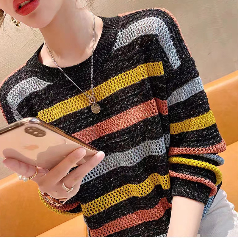 彩虹條紋撞色鏤空針織衫(3色)