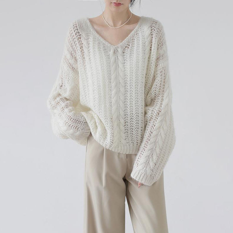 慵懶鏤空V領麻花針織衫(3色)