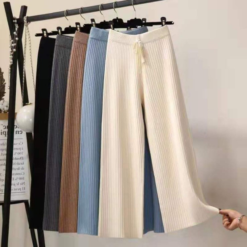 日系高腰寬鬆毛線針織直筒寬闊腿褲(6色)