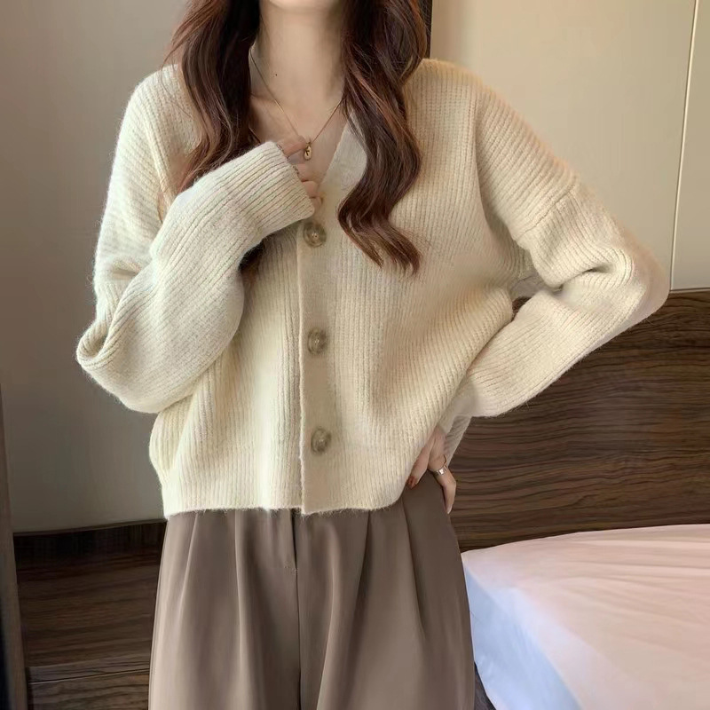 寬鬆V領短版針織開衫(4色)