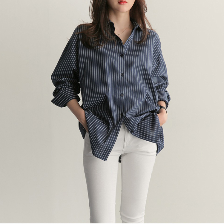 簡約百搭翻領條紋長袖襯衫(2色)