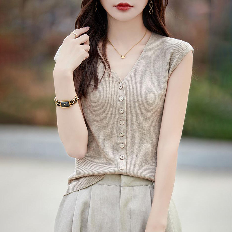 寬鬆減齡顯瘦無袖薄款V領針織衫(3色)
