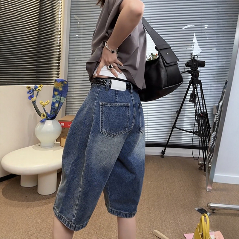高腰休閒寬鬆五分寬腿牛仔短褲