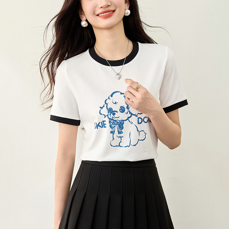 小狗印花撞色設計短袖T恤