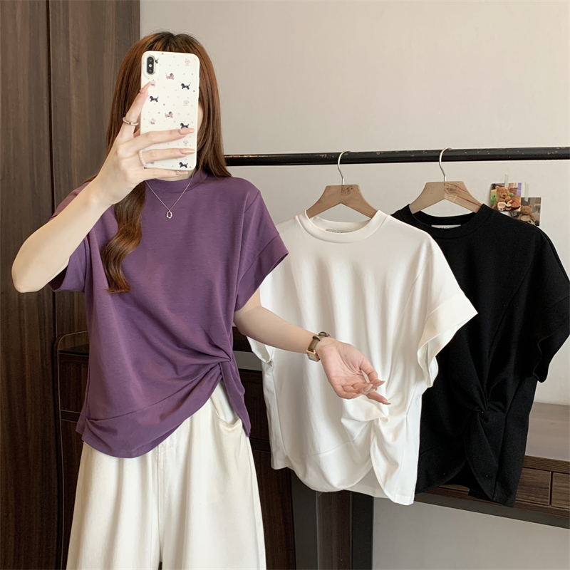 純色下擺扭結設計蝙蝠袖T恤(3色)