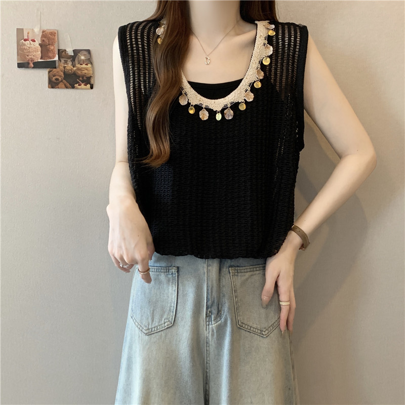 時尚百搭鏤空假兩件無袖坎肩(2色)